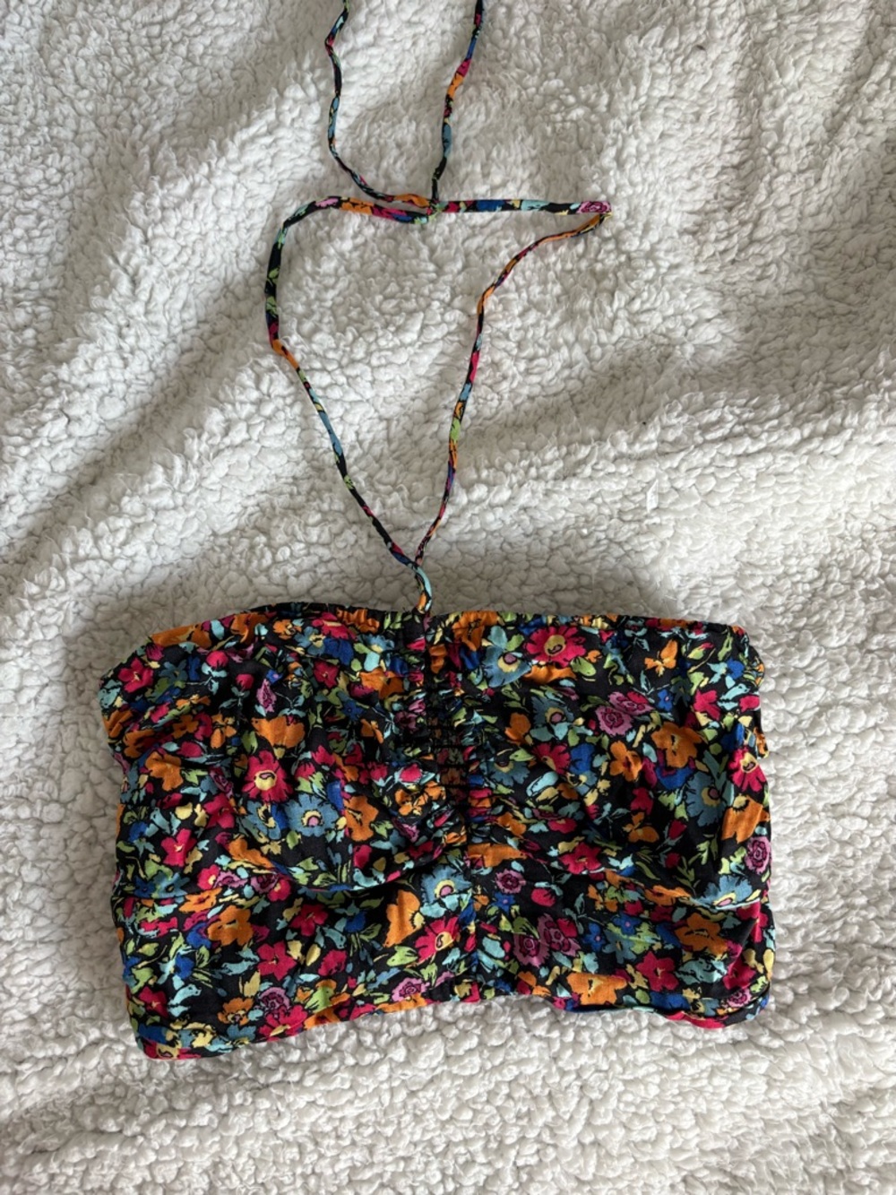 wild fable Black Floral Smocked Bandeau Top with Multicolor Print